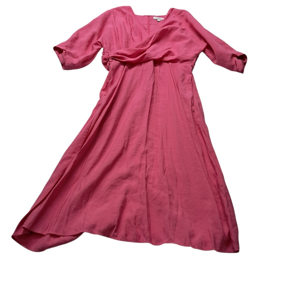 COS Puff Sleeve Midi Dress Women's EU 42 Medium Pink V Neck Modal Short Sleeve
